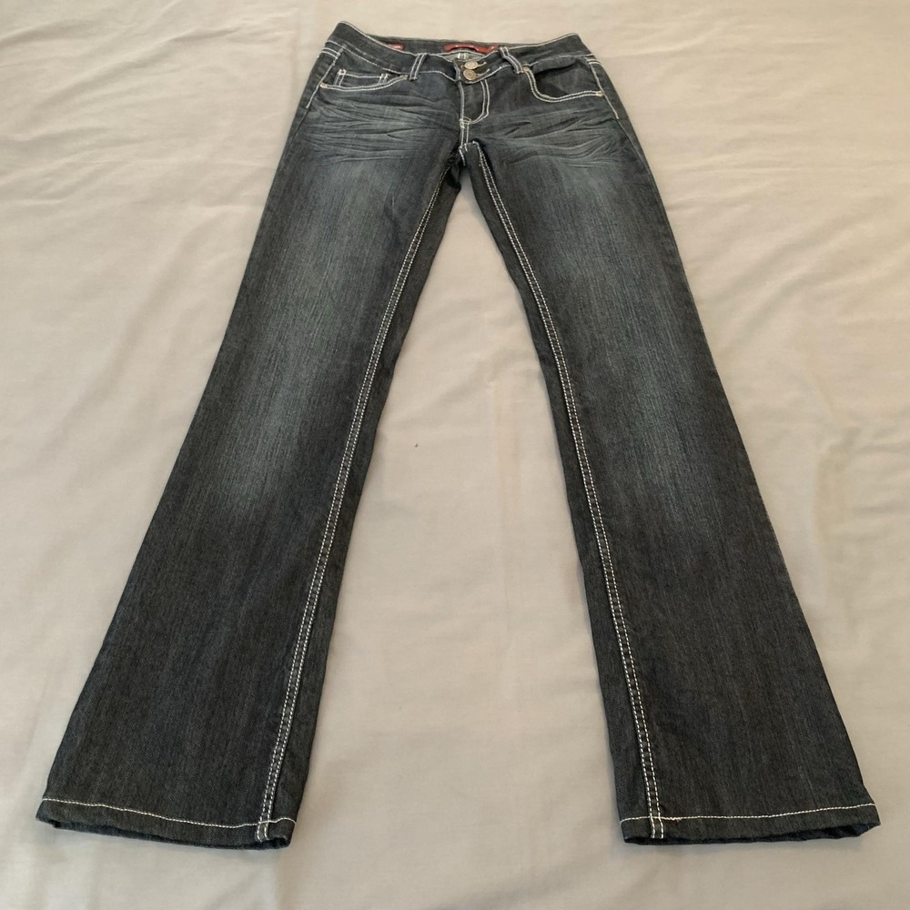 Vigold Jeans Juniors‎ 3 Blue Med Wash Low Rise Bootcut Distressed Denim Studded